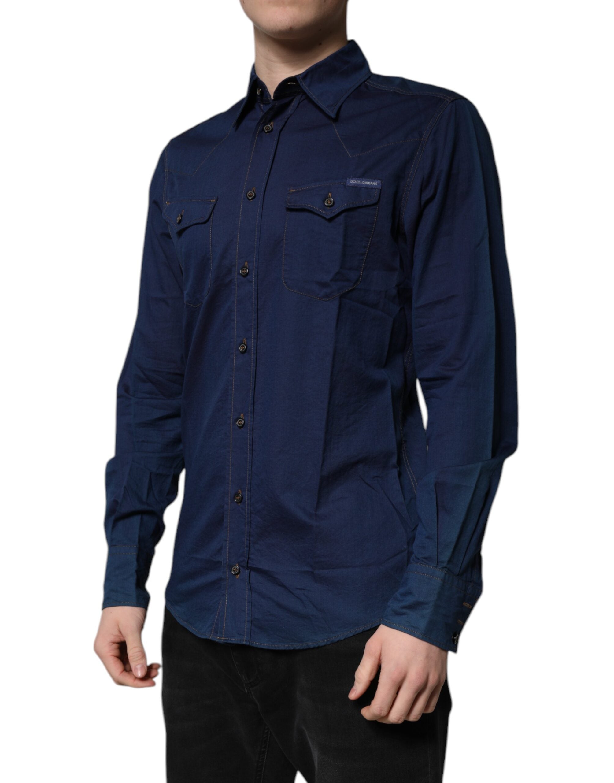 Dolce & Gabbana Dark blue cotton dress GOLD Formal shirt